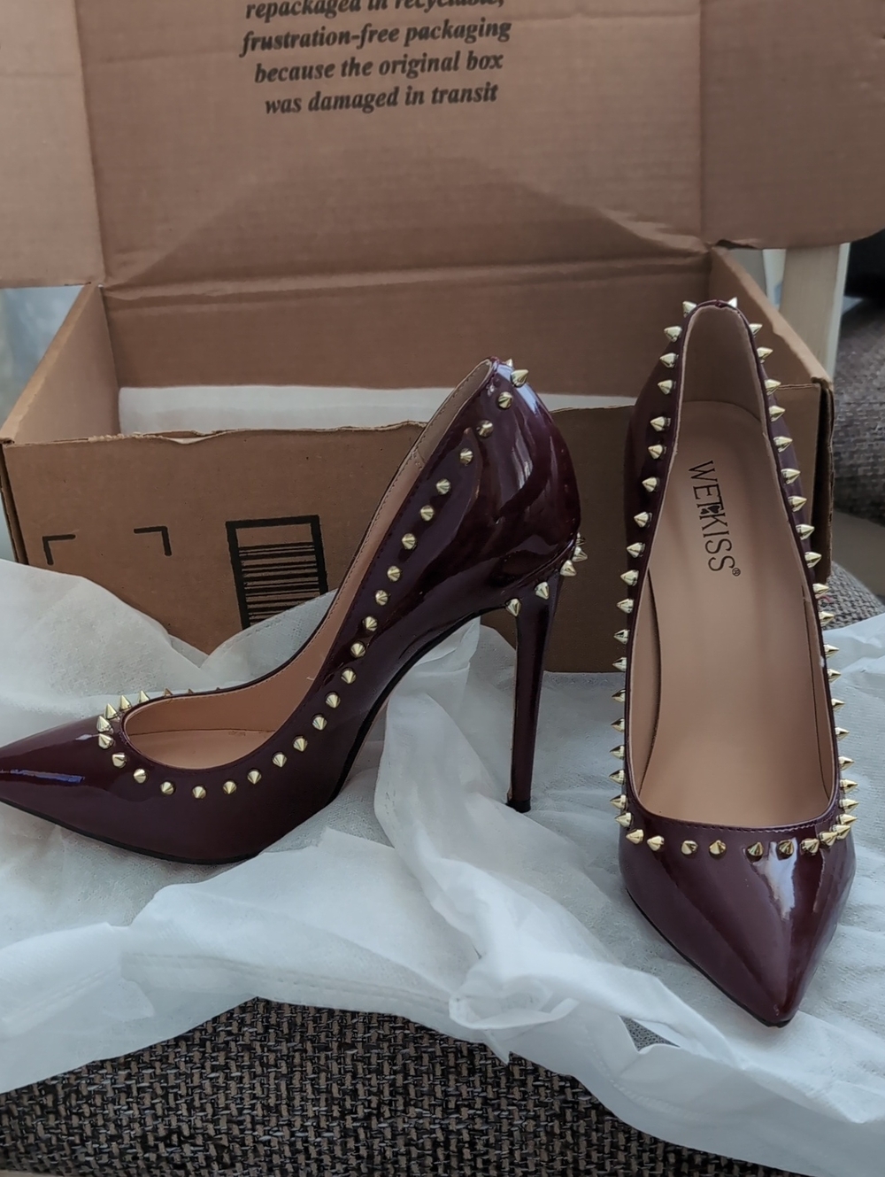 WetKiss Women's Burgundy Patent Spike-Trim Stiletto Heels
